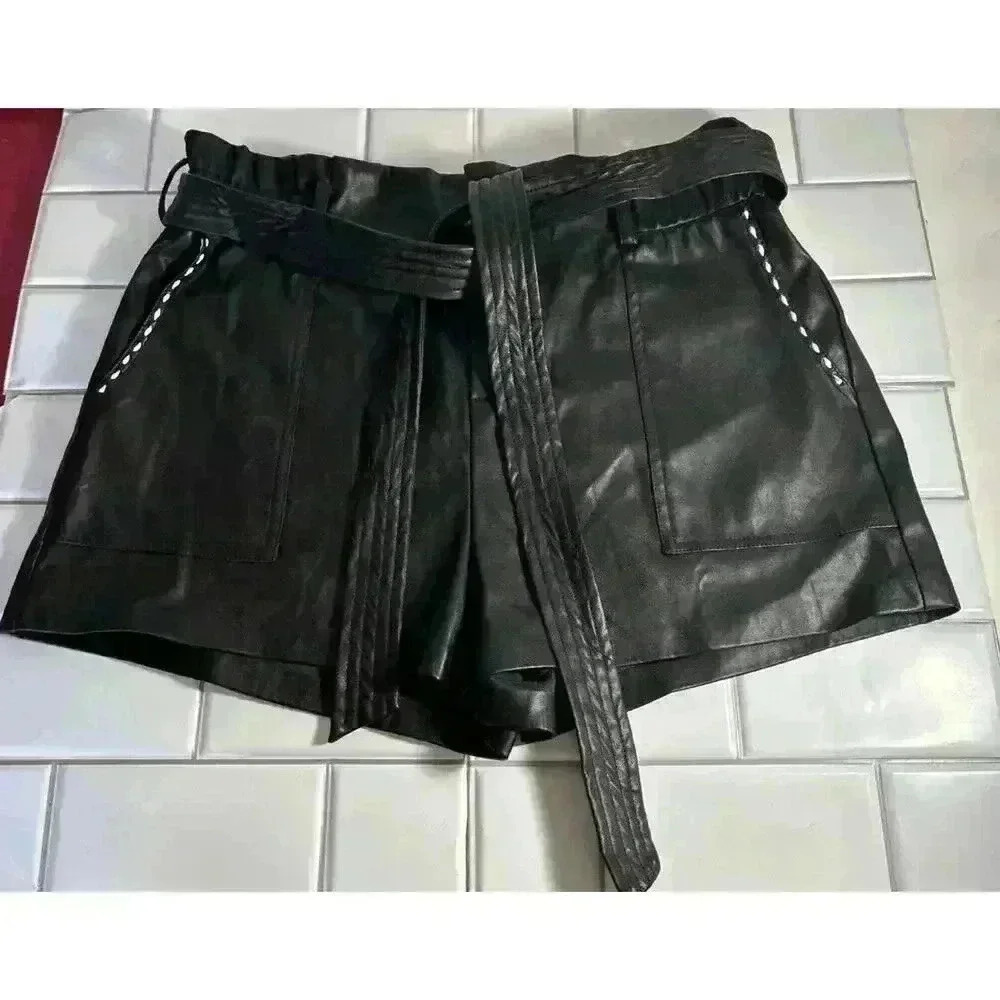 Faux Leather Black Paper Bag Shorts Large L Vegan Leather - Picture 2 of 8